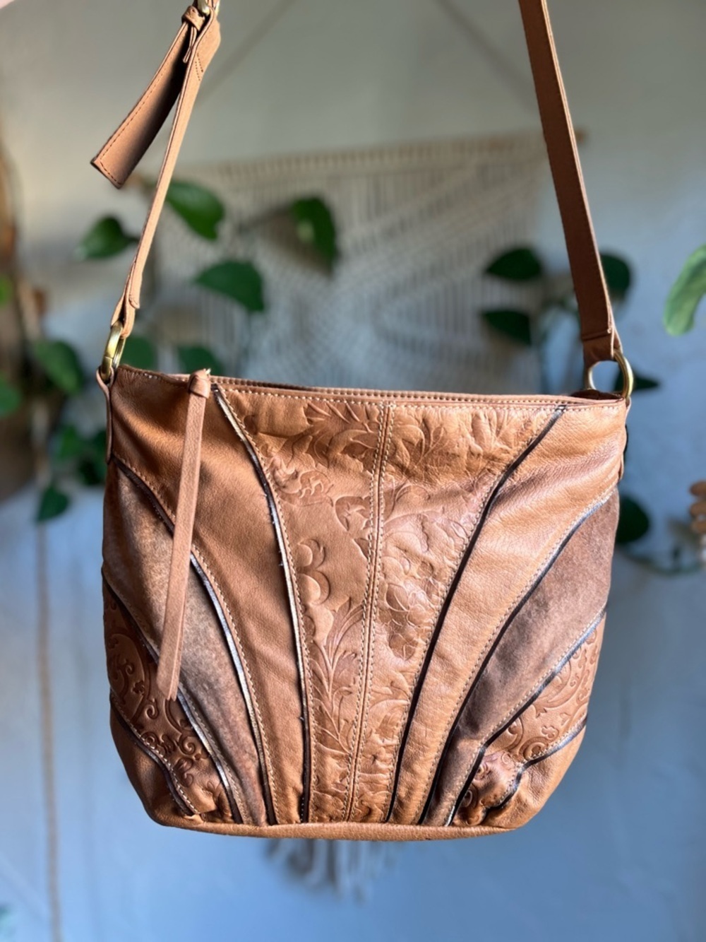 Vintage Boho Crossbody Bag Brown Patchwork Tooled Leather Style Slouchy Purse